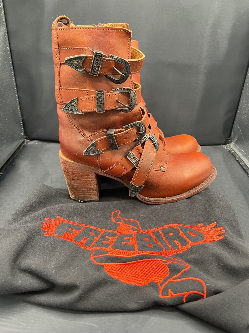 Freebird by Steven Cognac Brown Buckle Strap Heeled Boots